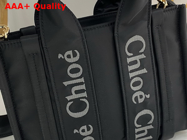 Chloe Small Woody Tote Bag in Black Recycled Nylon with Chloe Logo Replica