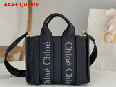 Chloe Small Woody Tote Bag in Black Recycled Nylon with Chloe Logo Replica