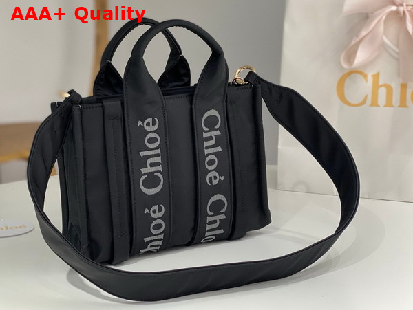 Chloe Small Woody Tote Bag in Black Recycled Nylon with Chloe Logo Replica
