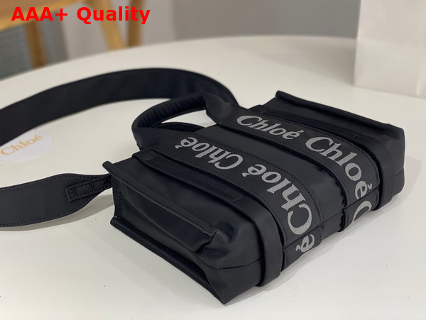 Chloe Small Woody Tote Bag in Black Recycled Nylon with Chloe Logo Replica