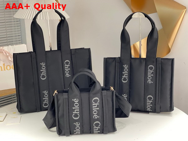 Chloe Small Woody Tote Bag in Black Recycled Nylon with Chloe Logo Replica
