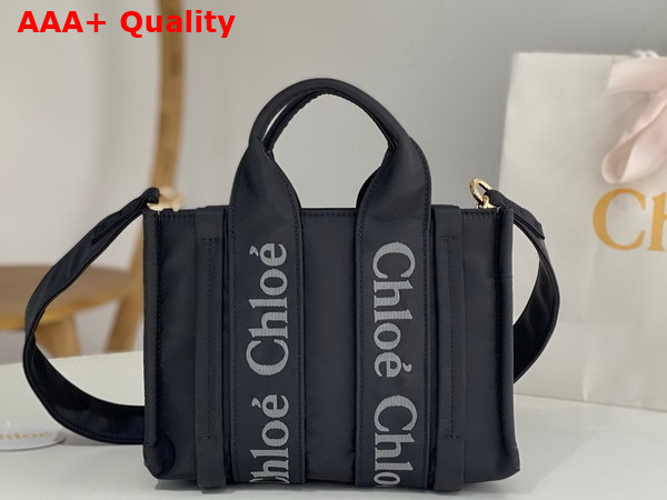 Chloe Small Woody Tote Bag in Black Recycled Nylon with Chloe Logo Replica