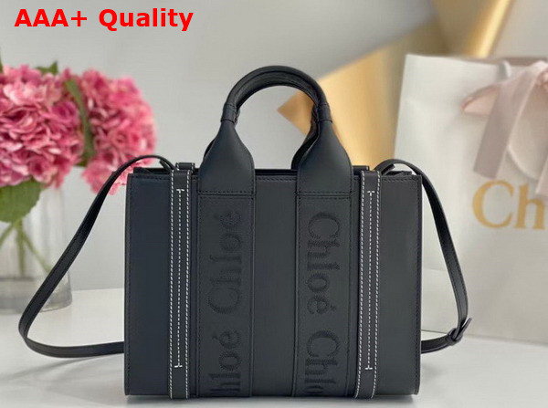 Chloe Small Woody Tote Bag in Black Smooth Calfskin with Chloe Logo Replica