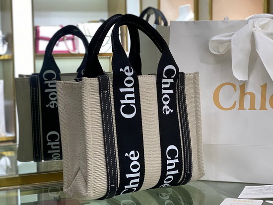 Chloe Small Woody Tote Bag in Cotton Canvas and Shiny Calfskin with Woody Ribbon Black and Blue Replica