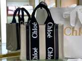 Chloe Small Woody Tote Bag in Cotton Canvas and Shiny Calfskin with Woody Ribbon Black and Blue Replica