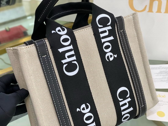 Chloe Small Woody Tote Bag in Cotton Canvas and Shiny Calfskin with Woody Ribbon Black and Blue Replica