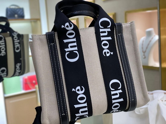 Chloe Small Woody Tote Bag in Cotton Canvas and Shiny Calfskin with Woody Ribbon Black and Blue Replica