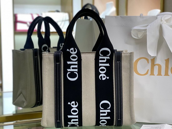 Chloe Small Woody Tote Bag in Cotton Canvas and Shiny Calfskin with Woody Ribbon Black and Blue Replica