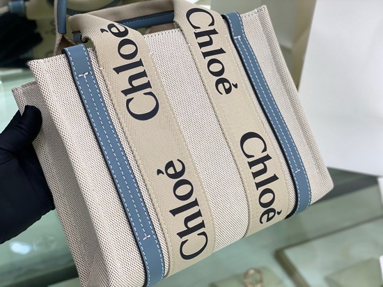 Chloe Small Woody Tote Bag in Cotton Canvas and Shiny Calfskin with Woody Ribbon Light Blue Replica