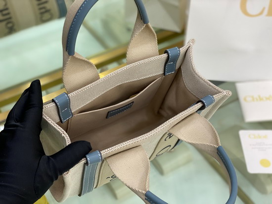 Chloe Small Woody Tote Bag in Cotton Canvas and Shiny Calfskin with Woody Ribbon Light Blue Replica