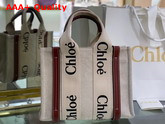 Chloe Small Woody Tote Bag in Cotton Canvas and Shiny Calfskin with Woody Ribbon White and Brown Replica
