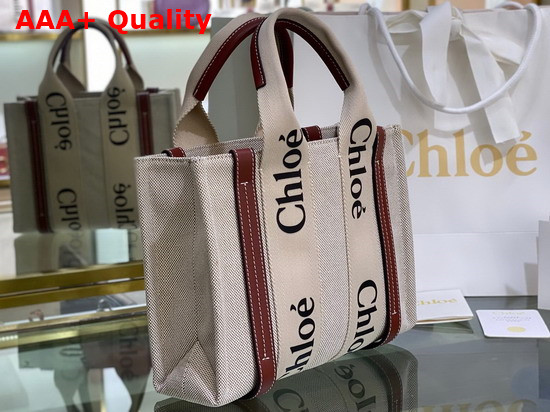 Chloe Small Woody Tote Bag in Cotton Canvas and Shiny Calfskin with Woody Ribbon White and Brown Replica