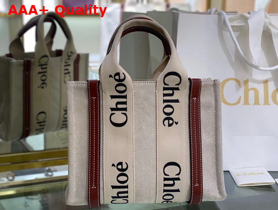 Chloe Small Woody Tote Bag in Cotton Canvas and Shiny Calfskin with Woody Ribbon White and Brown Replica