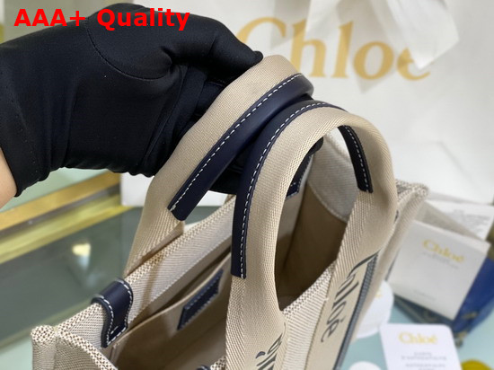 Chloe Small Woody Tote Bag in Cotton Canvas and Shiny Calfskin with Woody Ribbon White and Full Blue Replica