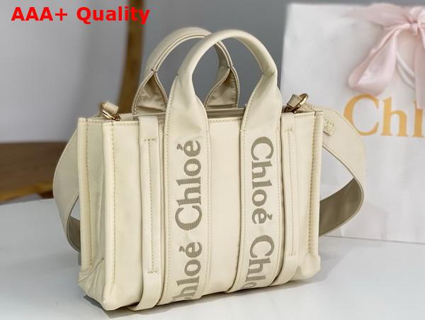 Chloe Small Woody Tote Bag in Dusty Ivory Recycled Nylon with Chloe Logo Replica