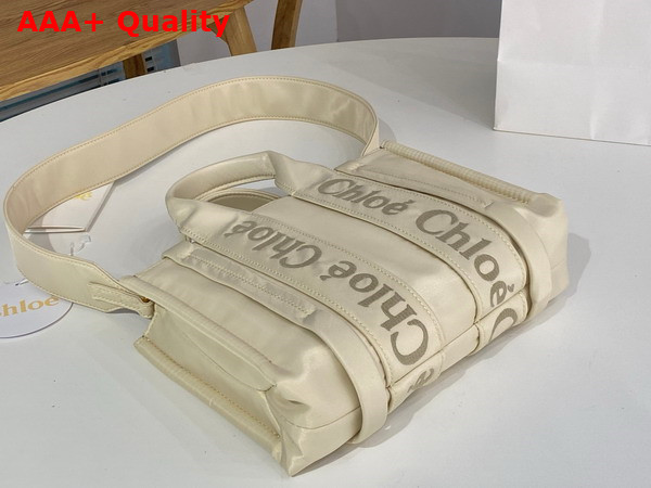 Chloe Small Woody Tote Bag in Dusty Ivory Recycled Nylon with Chloe Logo Replica