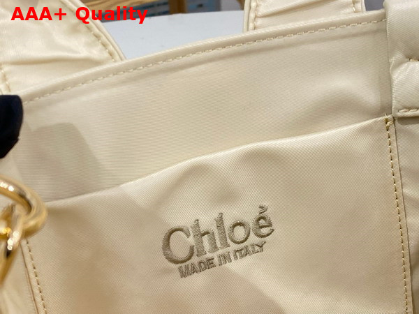 Chloe Small Woody Tote Bag in Dusty Ivory Recycled Nylon with Chloe Logo Replica