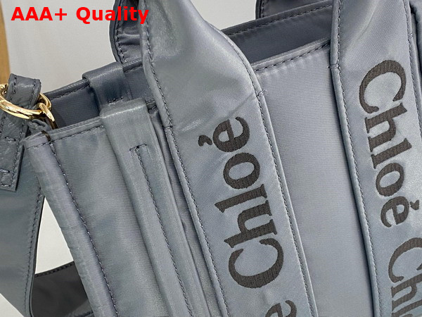 Chloe Small Woody Tote Bag in Elephant Grey Recycled Nylon with Chloe Logo Replica