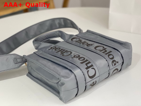 Chloe Small Woody Tote Bag in Elephant Grey Recycled Nylon with Chloe Logo Replica