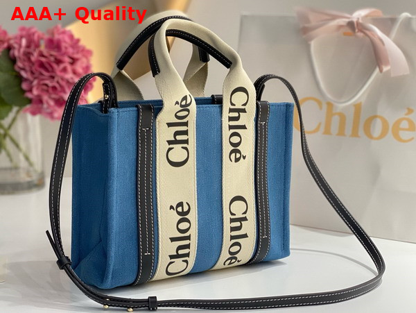 Chloe Small Woody Tote Bag in Light Blue Denim and Black Shiny Calfskin with Woody Ribbon Replica