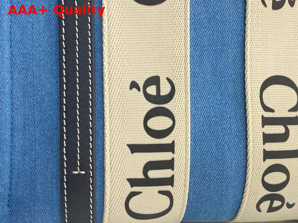 Chloe Small Woody Tote Bag in Light Blue Denim and Black Shiny Calfskin with Woody Ribbon Replica