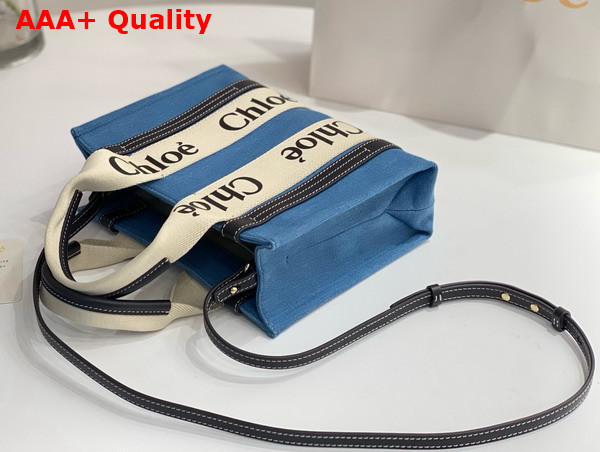 Chloe Small Woody Tote Bag in Light Blue Denim and Black Shiny Calfskin with Woody Ribbon Replica