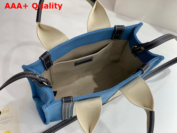 Chloe Small Woody Tote Bag in Light Blue Denim and Black Shiny Calfskin with Woody Ribbon Replica