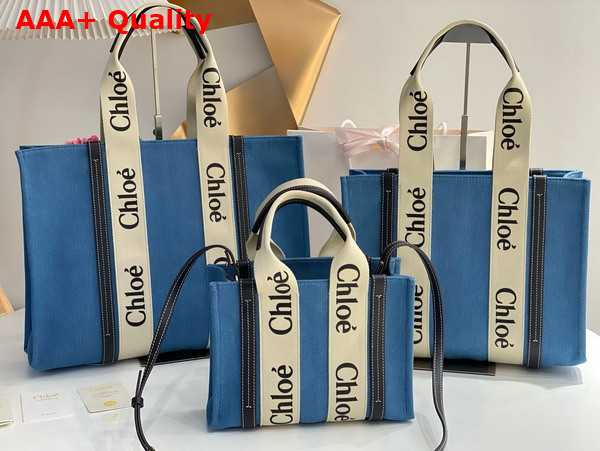 Chloe Small Woody Tote Bag in Light Blue Denim and Black Shiny Calfskin with Woody Ribbon Replica