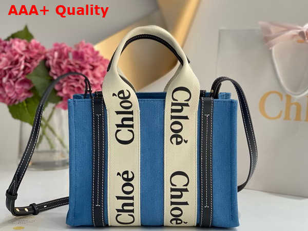 Chloe Small Woody Tote Bag in Light Blue Denim and Black Shiny Calfskin with Woody Ribbon Replica
