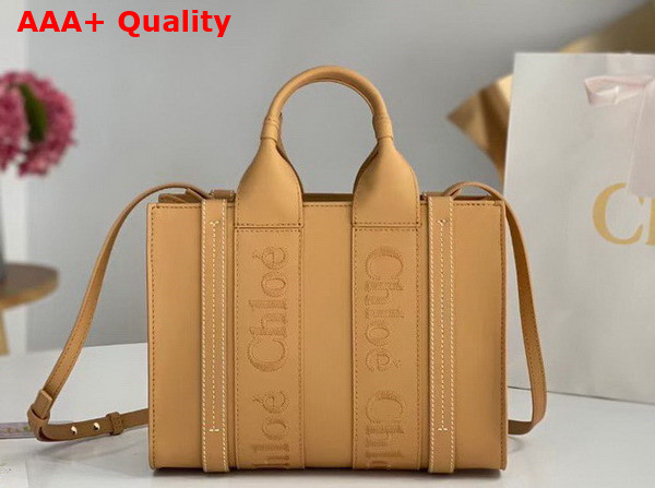 Chloe Small Woody Tote Bag in Light Tan Smooth Calfskin with Chloe Logo Replica