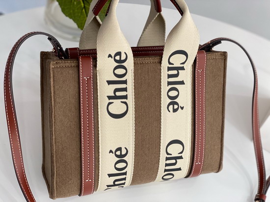 Chloe Small Woody Tote Bag with Strap Recycled Felt and Shiny Calfskin with Woody Ribbon Light Brown Replica