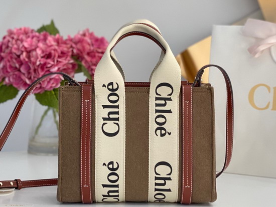 Chloe Small Woody Tote Bag with Strap Recycled Felt and Shiny Calfskin with Woody Ribbon Light Brown Replica