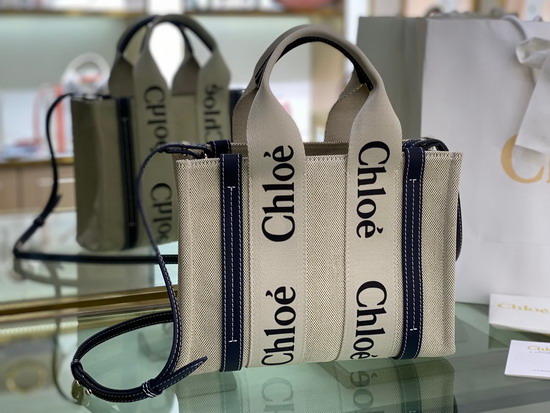 Chloe Small Woody Tote Bag with Strap in Cotton Canvas and Shiny Calfskin with Woody Ribbon Black and Blue Replica