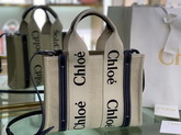 Chloe Small Woody Tote Bag with Strap in Cotton Canvas and Shiny Calfskin with Woody Ribbon Black and Blue Replica