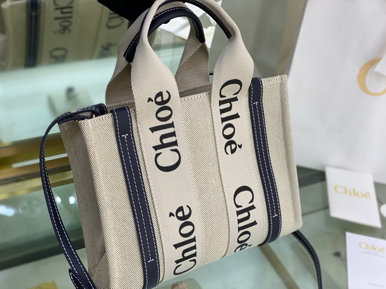 Chloe Small Woody Tote Bag with Strap in Cotton Canvas and Shiny Calfskin with Woody Ribbon Black and Blue Replica