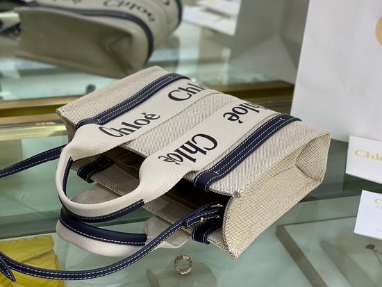 Chloe Small Woody Tote Bag with Strap in Cotton Canvas and Shiny Calfskin with Woody Ribbon Black and Blue Replica