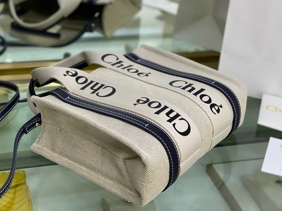 Chloe Small Woody Tote Bag with Strap in Cotton Canvas and Shiny Calfskin with Woody Ribbon Black and Blue Replica