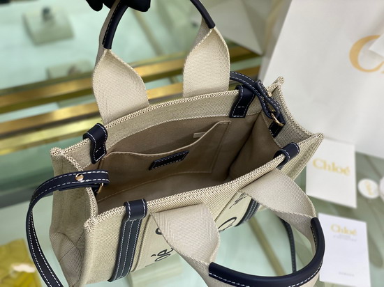 Chloe Small Woody Tote Bag with Strap in Cotton Canvas and Shiny Calfskin with Woody Ribbon Black and Blue Replica