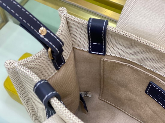 Chloe Small Woody Tote Bag with Strap in Cotton Canvas and Shiny Calfskin with Woody Ribbon Black and Blue Replica