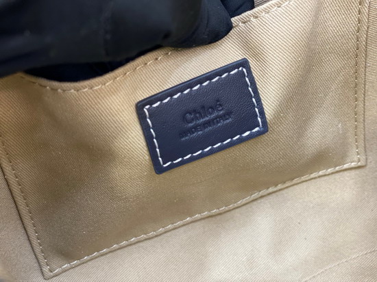 Chloe Small Woody Tote Bag with Strap in Cotton Canvas and Shiny Calfskin with Woody Ribbon Black and Blue Replica