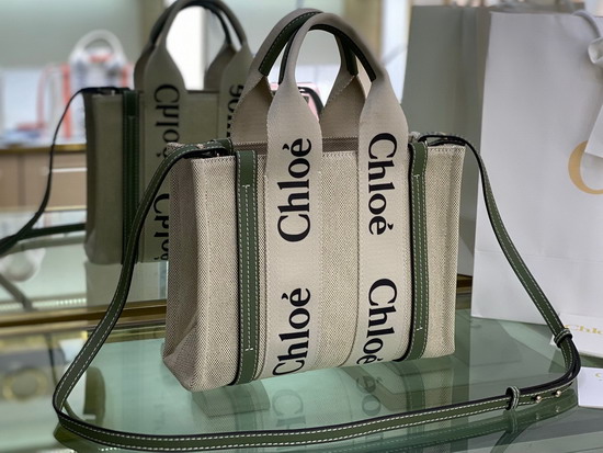 Chloe Small Woody Tote Bag with Strap in Cotton Canvas and Shiny Calfskin with Woody Ribbon Jade Green Replica