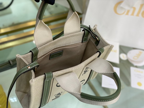 Chloe Small Woody Tote Bag with Strap in Cotton Canvas and Shiny Calfskin with Woody Ribbon Jade Green Replica