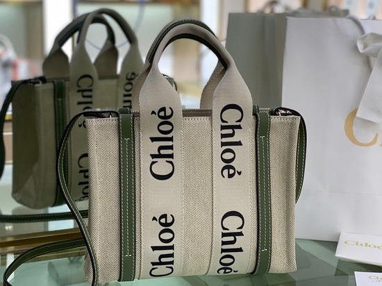 Chloe Small Woody Tote Bag with Strap in Cotton Canvas and Shiny Calfskin with Woody Ribbon Jade Green Replica