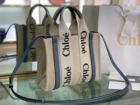 Chloe Small Woody Tote Bag with Strap in Cotton Canvas and Shiny Calfskin with Woody Ribbon Light Blue Replica