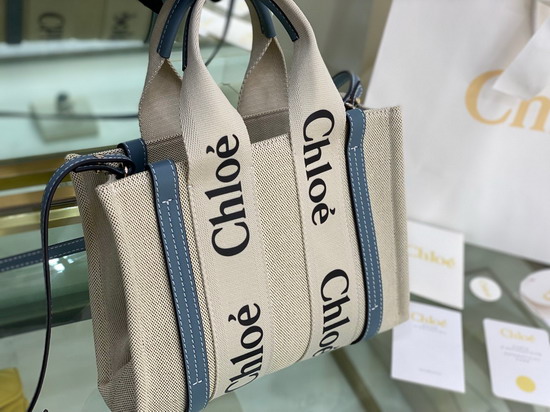 Chloe Small Woody Tote Bag with Strap in Cotton Canvas and Shiny Calfskin with Woody Ribbon Light Blue Replica