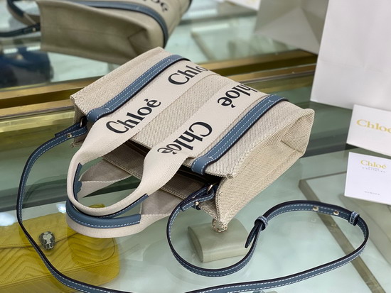 Chloe Small Woody Tote Bag with Strap in Cotton Canvas and Shiny Calfskin with Woody Ribbon Light Blue Replica