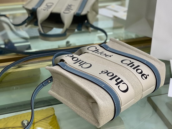 Chloe Small Woody Tote Bag with Strap in Cotton Canvas and Shiny Calfskin with Woody Ribbon Light Blue Replica