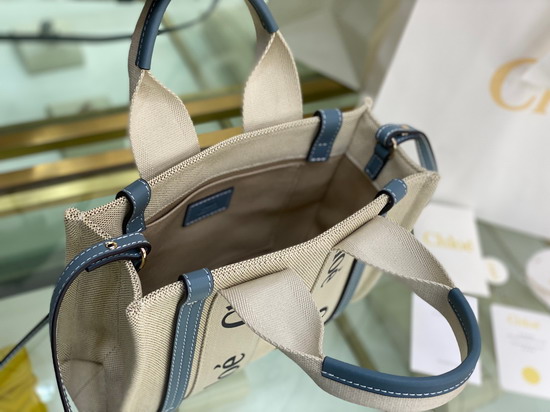 Chloe Small Woody Tote Bag with Strap in Cotton Canvas and Shiny Calfskin with Woody Ribbon Light Blue Replica