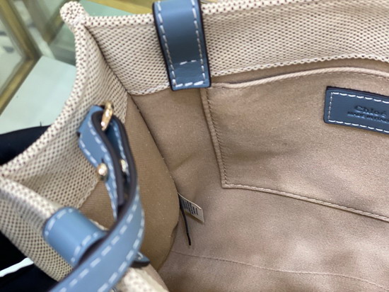 Chloe Small Woody Tote Bag with Strap in Cotton Canvas and Shiny Calfskin with Woody Ribbon Light Blue Replica