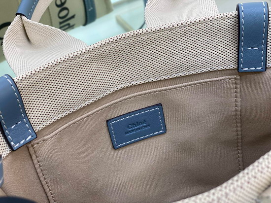 Chloe Small Woody Tote Bag with Strap in Cotton Canvas and Shiny Calfskin with Woody Ribbon Light Blue Replica